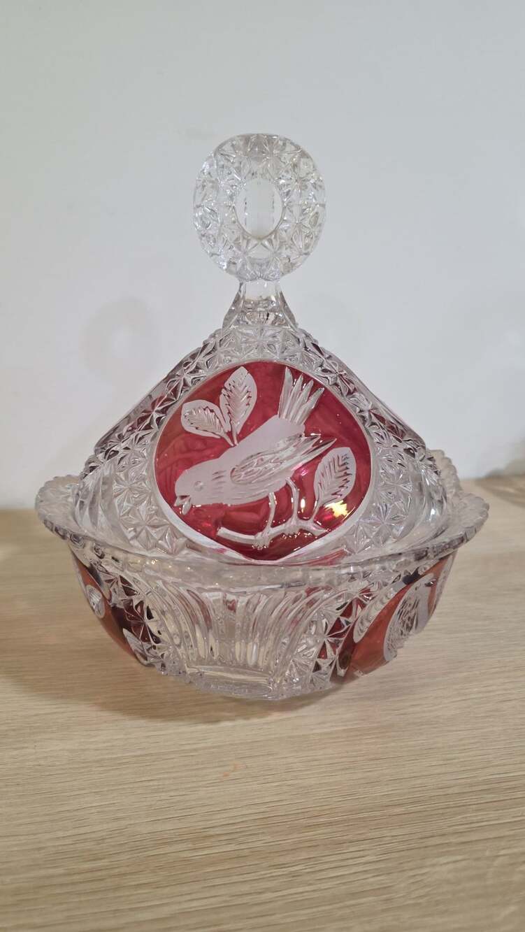 Vintage Hofbauer Byrdes Ruby Red Bohemian Cut Lead Crystal Covered Candy Dish